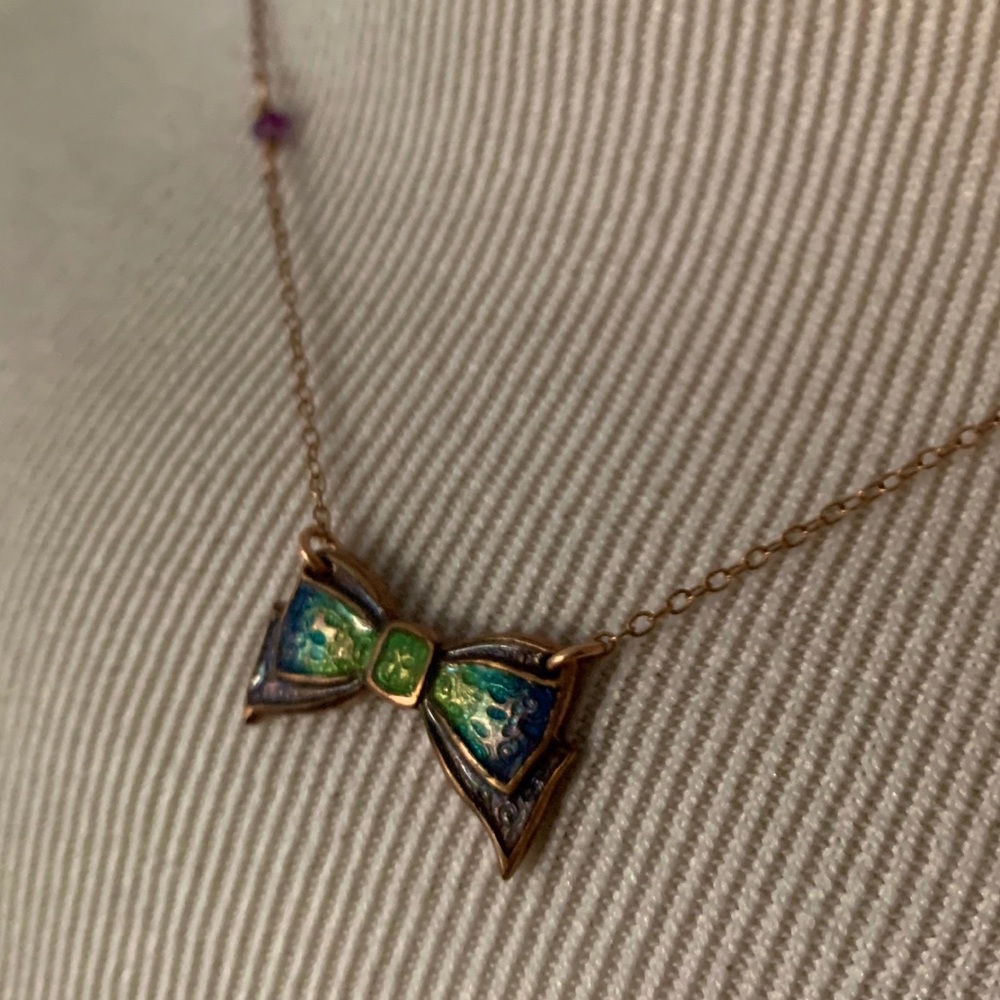 Rose Gold Bow Necklace with Blue/Green Enamel